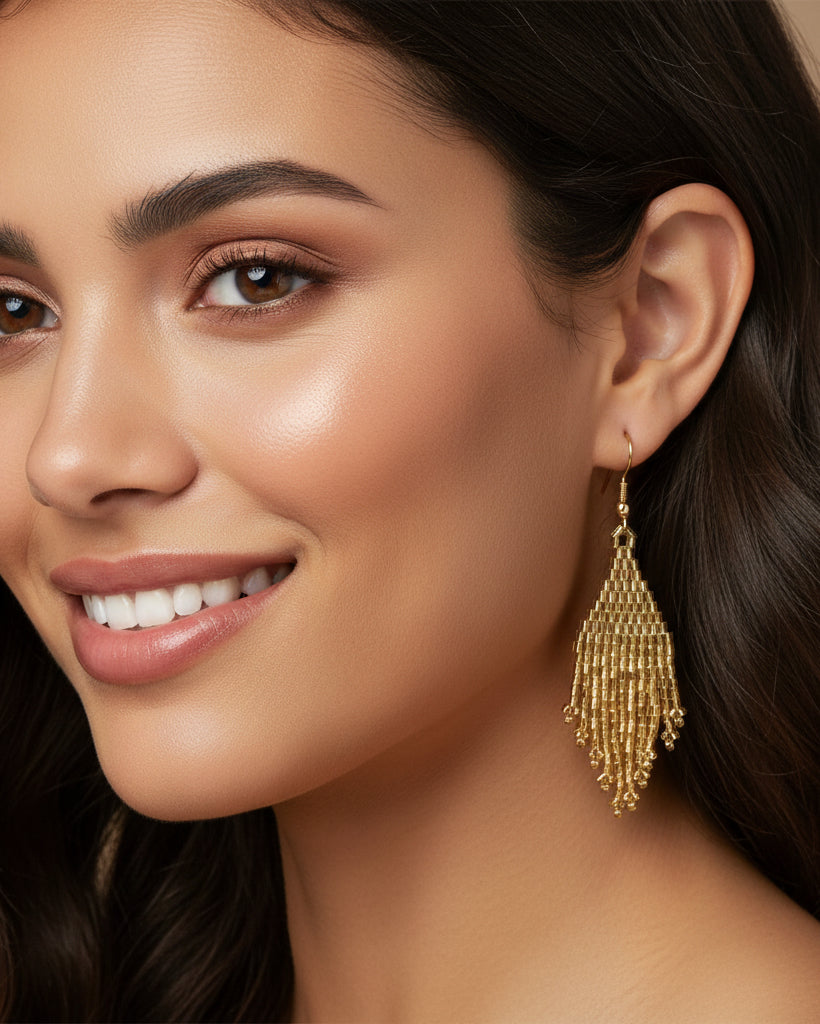 Kaniya shiny gold handmade beaded dangle boho chic earrings for dubai