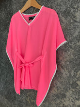 Load image into Gallery viewer, Lightweight chiffon kids beach dress in neon pink with pearly bead trim, handmade in Bali