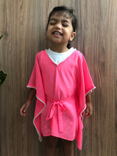 Load image into Gallery viewer, Dubai kids beachwear – neon pink kaftan with beaded neckline and adjustable drawstring fit