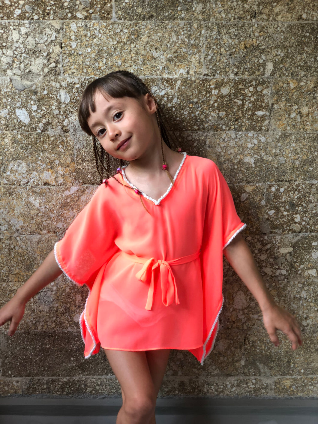 Handmade neon orange kids beach kaftan with V-neckline, sustainable resort wear for girls Dubai