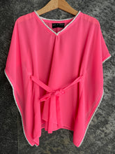 Load image into Gallery viewer, Handmade neon pink kids kaftan with pearl bead neckline, perfect beachwear for girls in Dubai