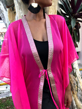 Load image into Gallery viewer, Hot pink petite beach kaftan with rose gold and purple striped sari trim, glamorous beachwear for women in Dubai