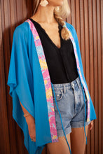 Load image into Gallery viewer, Lestari ocean blue lightweight chiffon beach cover-up with traditional artisan-made Indonesian handcrafted batik details