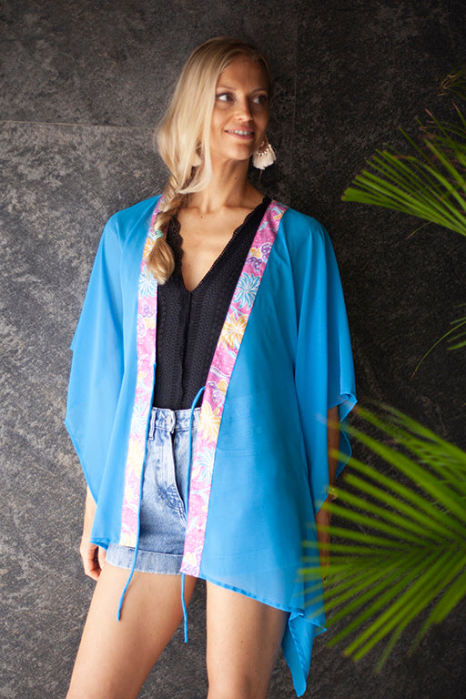 Lestari ocean blue chiffon batik trimmed womens beach kaftan for women looking for best and unique beach kaftans in dubai