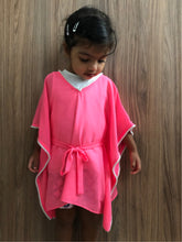 Load image into Gallery viewer, Flowy neon pink kaftan for girls aged 2–4, sustainable kids beachwear for Dubai holidays