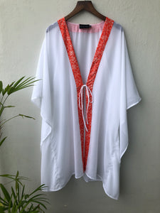 Sheer white lurex chiffon kaftan with artisanal batik trim – sustainable beachwear for women in Dubai
