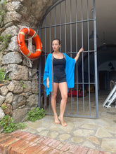 Load image into Gallery viewer, Elegant crepe chiffon kaftan cover-up in azure blue for beach vacations
