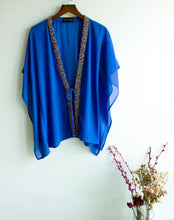 Load image into Gallery viewer, Sofi blue chiffon hand sewn multicoloured beaded trim petite womens beachwear resort wear beach kaftan