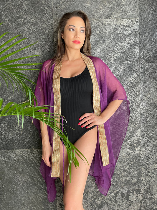 Saira orchid purple beach kaftan with gold and rose gold saree trim for sale in Dubai
