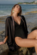 Load image into Gallery viewer, Sofi hand-beaded black beach kaftan, a must-have for Dubai resort fashion, sustainable resort wear from Bali
