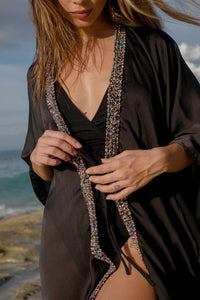 Sofi black beach kaftan with hand-sewn bead trim, flowy crepe chiffon
from Bali, for sale in dubai