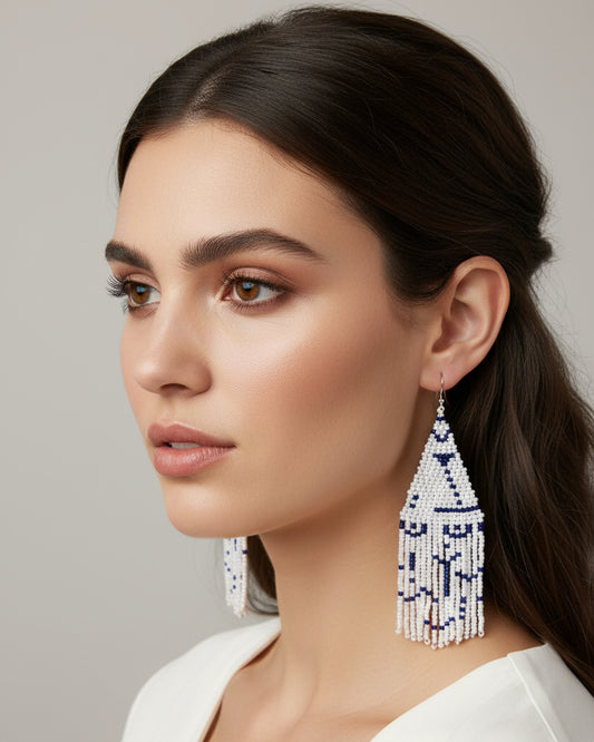 Lightweight blue and white beaded earrings with alloy hooks, handmade in Bali, beachy resort wear accessories for women in Dubai.