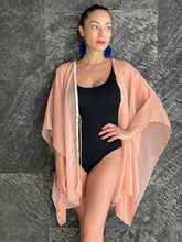 Load image into Gallery viewer, Light orange women&#39;s beach kaftan with pearl bead neckline trim, Dubai resort wear
