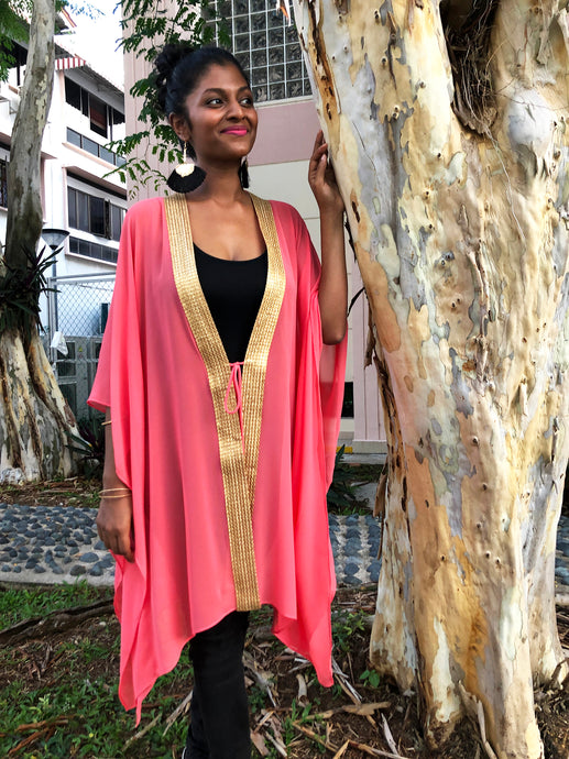 Valeria women's beach kaftan in salmon pink chiffon with gold saree trim, perfect resort wear in Dubai