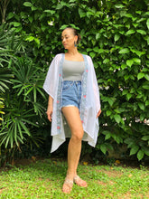 Load image into Gallery viewer, Handmade gray and crimson floral batik trim on a sheer white chiffon, sustainable and unique beach kaftan for women in Dubai 