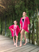 Load image into Gallery viewer, Dubai beachwear – Cahya rose pink petite beach kaftan in chiffon with handmade batik trim from Indonesia. Sustainable beach kaftans for sale in Dubai
