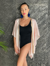 Load image into Gallery viewer, Elegant Zahra light pink paisley beach kaftan with gold trim neckline, ideal for Dubai beach holidays and evening outings