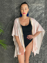 Load image into Gallery viewer, Light pink paisley print Zahra women&#39;s beach kaftan with gold-accented neckline trim, perfect resort wear for Dubai.
