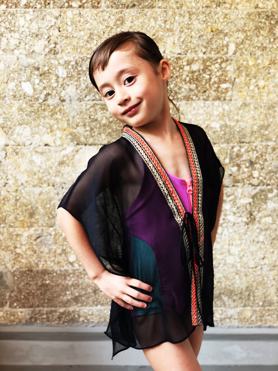 Zecca black kids beach kaftan with sequin embellishments – stylish and lightweight swimsuit cover-up in Dubai
